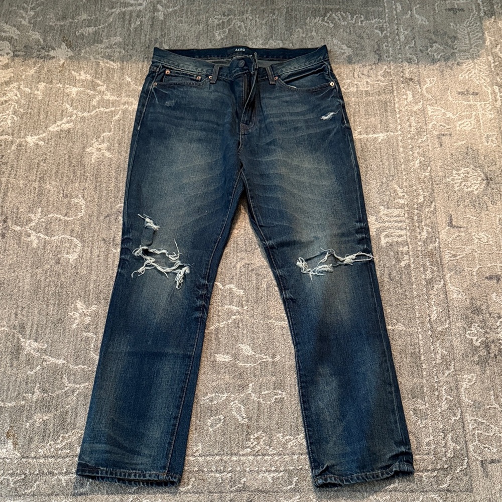 AERO Distressed Indigo Slim Straight Men’s 100% Cotton Jeans 32 x 30